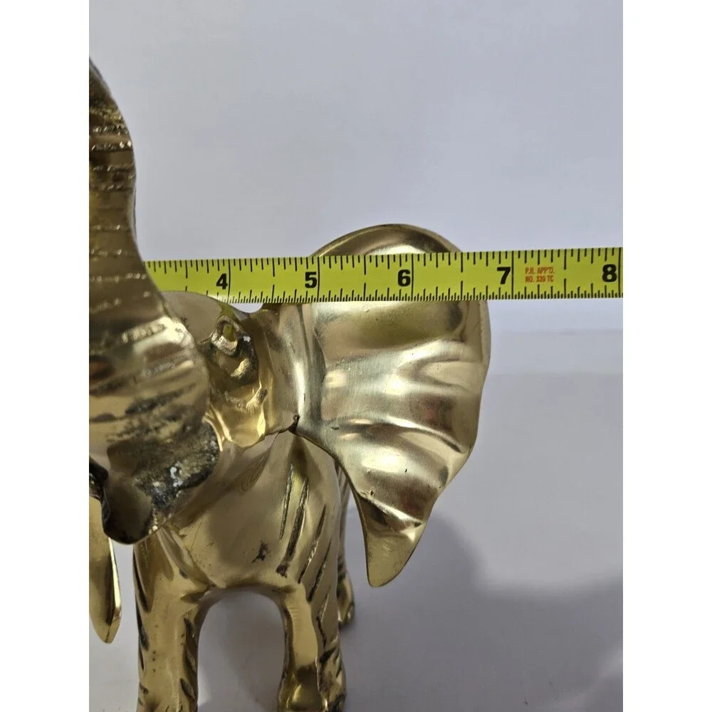 Vintage Solid Brass Elephant Figurine Raised Trunk India 9